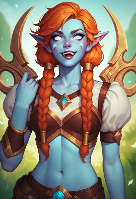 League of Legends, A young girl with azure-blue skin, pixie-sharp ears, and a delicate athletic body. Prominent large fangs and piercing white eyes complete her striking appearance. Her long ginger hair is loose and disheveled. She is dressed in the clothe...