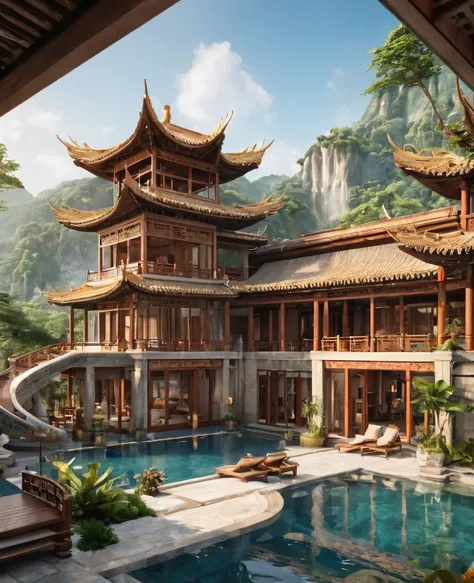 Ancient Chinese luxury resort concept design.Resort/Resorts/resort.Closeup focus on high definition luxury resort.(best quality,4K,8k,high resolution,masterpiece:1.2),Super detailed,(actual,photoactual,photo-actual:1.37)It&#39;s a hidden and unique place，A...