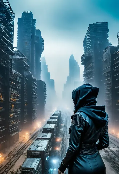 image taken from behind the shoulder of a woman from behind and dressed with a hood from the balcony of a futuristic building wi...