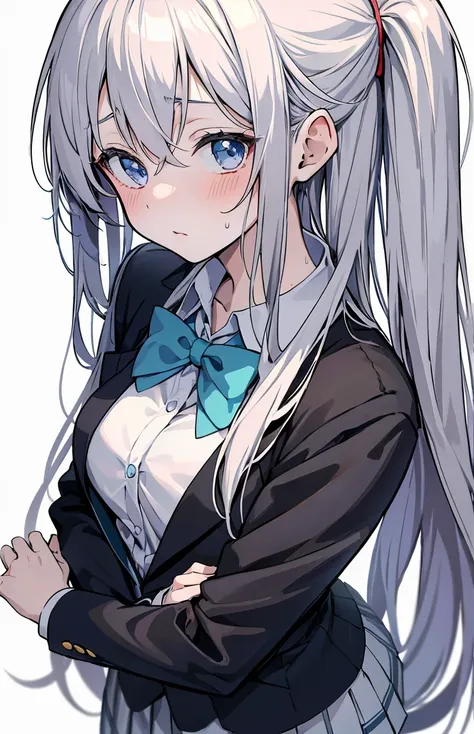 1 Anime cute high school girl, bottom view, wearing high school suit, close view of face, thinking pose, wearing high school bow tie, long hair, long hair, sweat, looking at viewer, white background, simple colouring, accurate hands