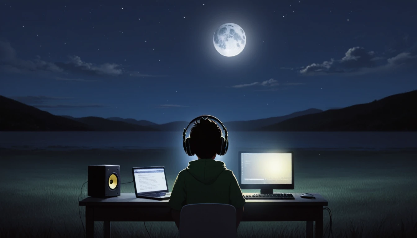 boy facing a computer listening to music under the moonlight