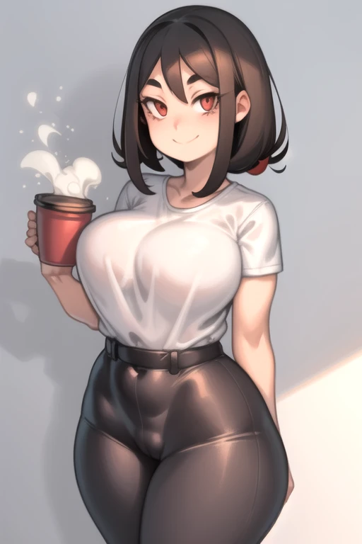 Curvy body, 1 girl, standing alone, chestnut hair, ssmile, looking to the down, swimsuit, Eyes red, cups, detailded , pants, waist belt, thick thighs, shorth hair, Bblack hair, white  shirt, black pants, KelvinHiuArtist hair ,flat-colors, ,outline,