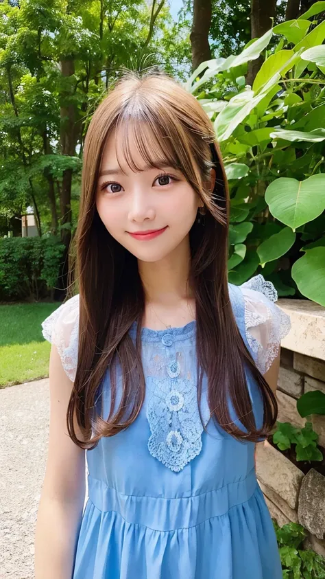 masterpiece, best quality, 1girl, long hair, summer dress, blue sky, natural light, bright smile, outdoor, high detail