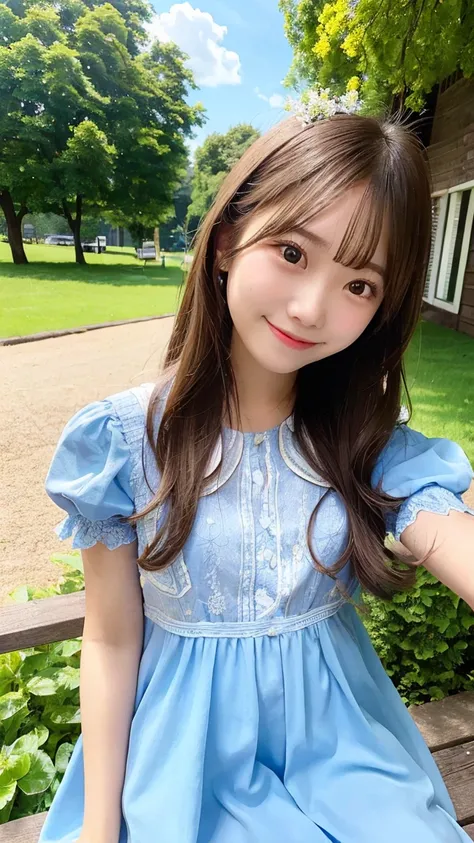 masterpiece, best quality, 1girl, long hair, summer dress, blue sky, natural light, bright smile, outdoor, high detail