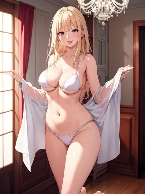 最high quality, high quality, 8K、High resolution,Highest quality、anime、solo、from the front、普通のWearing a white bikini大人のおねえさん,Open Mouth Smile、Pink tongue、Gentle Eyes、Blonde、high qualityな青い瞳、Long neck、bare hands、barefoot、belly button、maternal、Thighs、Backgrou...