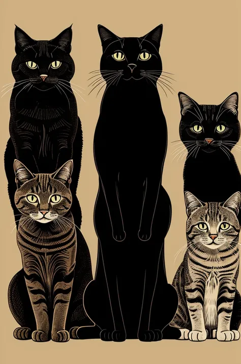 3 cats , one of them it’s black in illustration style