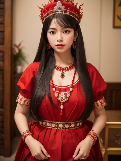 、Highest quality , sexy, Ultra-high resolution, RAW Photos, girl, indoor, White skin, Long Hair ,whole body,Black Hair、Red color clothes、Guatemalan national costume、Red color crown、red necklace、Red wrist ornament、Red earrings、