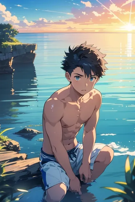 anime - along the sea, １boy, 20-year-old, embarrassed look, short pants, topless, short spiked hair, sweaty, slender, eyes wide ...