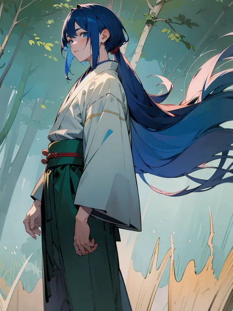 1male, Adult, Deep Blue Hair, Medium Length Hair, White Inner Hair, Ponytail, Short Blue Haori, Green Face Mark, Forest Background, Standing in Forest, Traditional Japanese Clothing