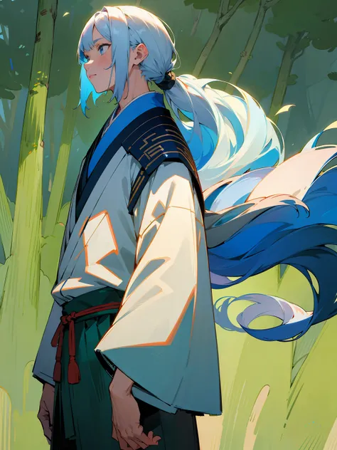 1male, Adult, Deep Blue Hair, Medium Length Hair, White Inner Hair, Ponytail, Short Blue Haori, Green Face Mark, Forest Background, Standing in Forest, Traditional Japanese Clothing