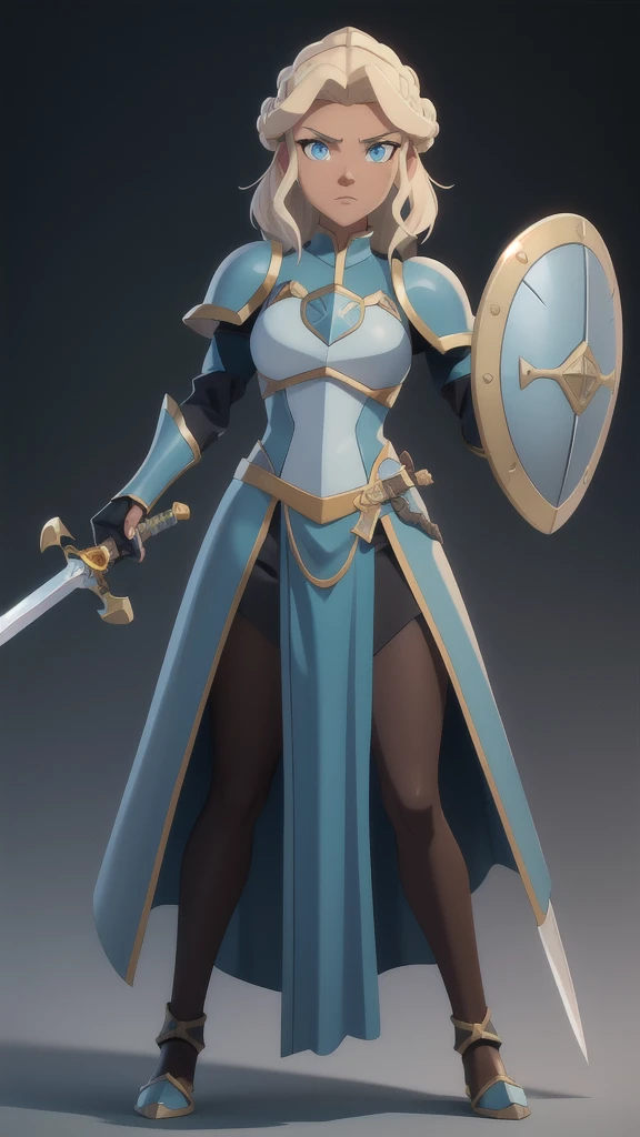 Loish art style, medieval fantasy. A Girl, 25 years old, royal knight, Paladin silver armor, beautiful but severe face, detailed face, ((dark skin)), light blue eyes, detailed eyes, African American, semi-updo blonde afro hair, detailed body, (great guard ...