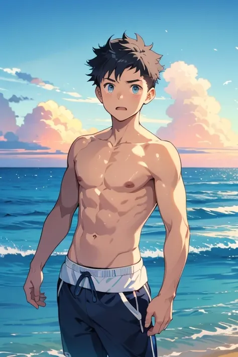 anime - along the sea, １Boy, 20-year-old, Embarrassed look, short pants, topless, Short spiked Hair, Sweaty, Slender, Eyes Wide Open, makoto shinkai style, pale blue sky, pale blue sea, ultra high quality, ultra detailed, detailed face, sunset