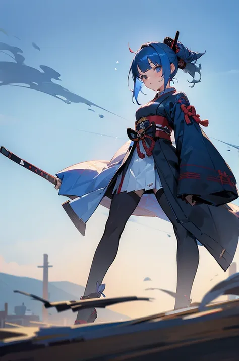 Teen , Female, samurai Clothing, Standing pose, Town background, Blue Hair