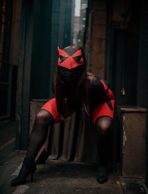 Sabrina Carpenter, squatting on a roof, wears a black form-fitting spider-man bodysuit with a sleek, wears a (red mask) that covers her head, leaving only her eyes and mouth exposed, (full body render), (full body view)