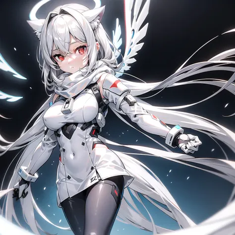 masterpiece, highest quality, highest resolution, clear_image, detailed details, White hair, long hair, cat ears, 1 girl, red eyes, white pantyhose, sci-fi military clothing, white scarf (white scarf around the neckwith a light blue glow), gray futuristic ...