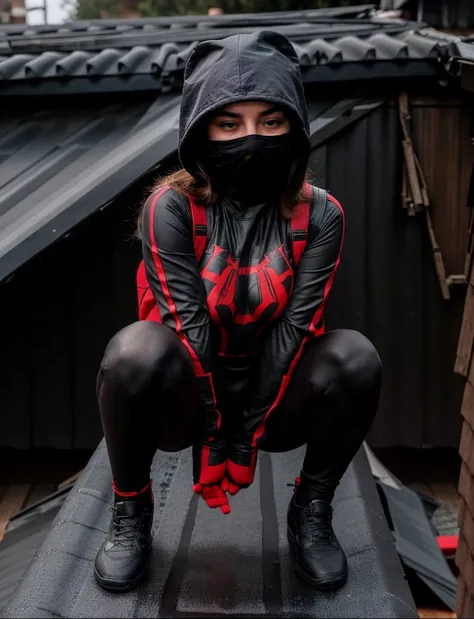 Sabrina Carpenter, squatting on a roof, wears a black form-fitting spider-man bodysuit with a sleek, wears a (red mask) that covers her head, leaving only her eyes and mouth exposed, (full body render), (full body view)