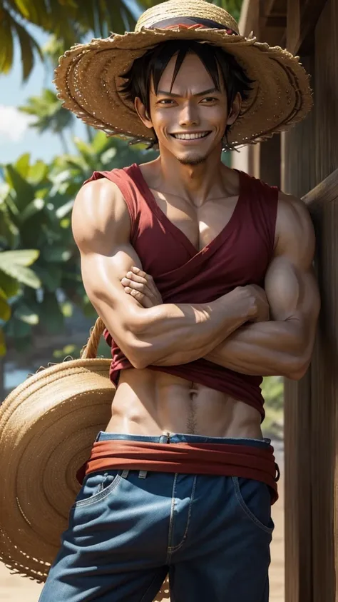 1 men, Monkey D Luffy in the straw hat with his arms crossed smiling 