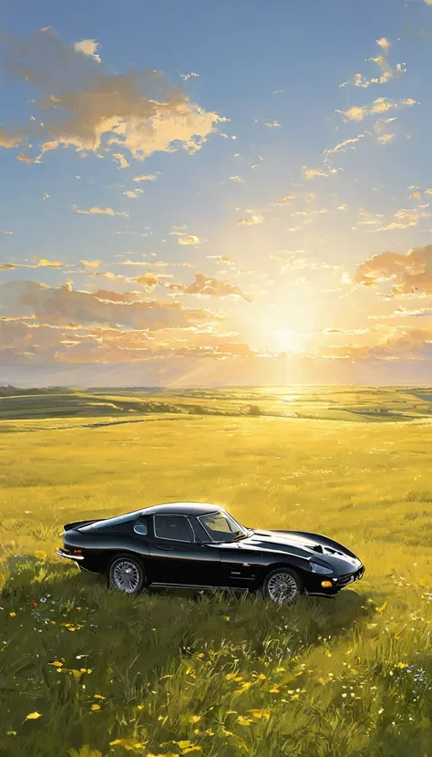 A pair of youthful lovers stand atop a sunlit hill overlooking a vast expanse of grassland, the vibrant sun casting a warm orange glow. In the distance, a sleek black JDM car adds a modern touch to the serene landscape. This picturesque scene, likely a pho...