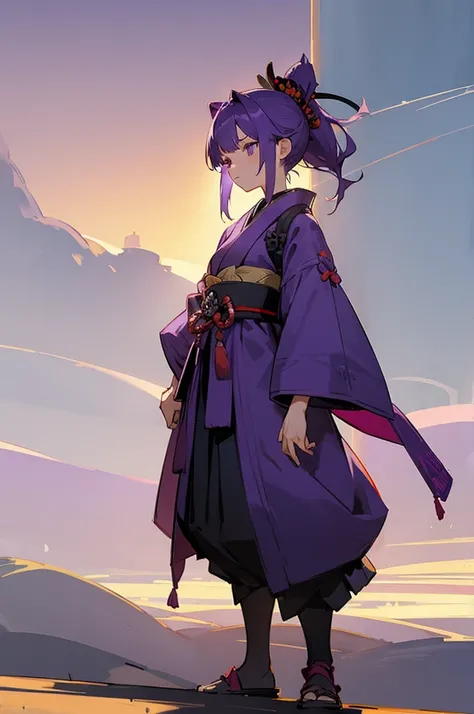 en , Female, samurai Clothing, Standing pose, Town background, Purple Hair