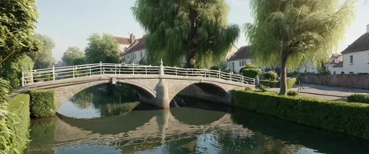 A tranquil canal scene with a paved walkway running along the right side, bordered by well-manicured bushes and lush green foliage. A small wooden boat is docked by the canal, its bow slightly pointing towards the water. The canal itself is calm, with gent...