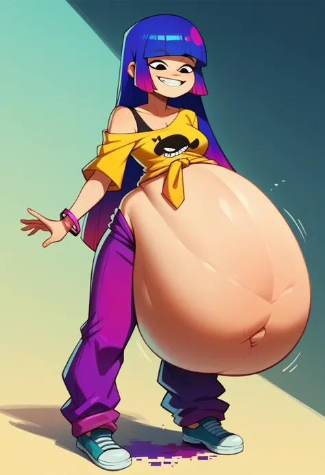 glitch techs, miko kubota, long hair, purple pants, black undershirt, yellow shirt, off shoulder, jacket around waist, smile, wide hips, bracelet, animal print, purple hair, vore , dark bedroom, standing, rubbing belly, deep navel, (human shaped belly), (p...