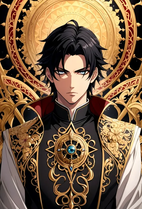 **fair:**
Adel appears in the anime world as a young man with sharp features and deep eyes that reflect internal conflict. He wears moderate clothing in calm colors that reflect his inner balance. His black hair falls elegantly over his shoulders, reflecti...