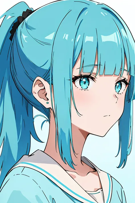 1girl, blunt bangs, ponytail, cyan hair, headshot