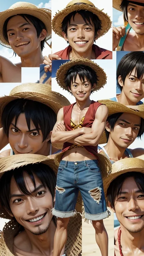 1 men, Monkey D Luffy in the straw hat with his arms crossed smiling (created by Eiichiro Oda)