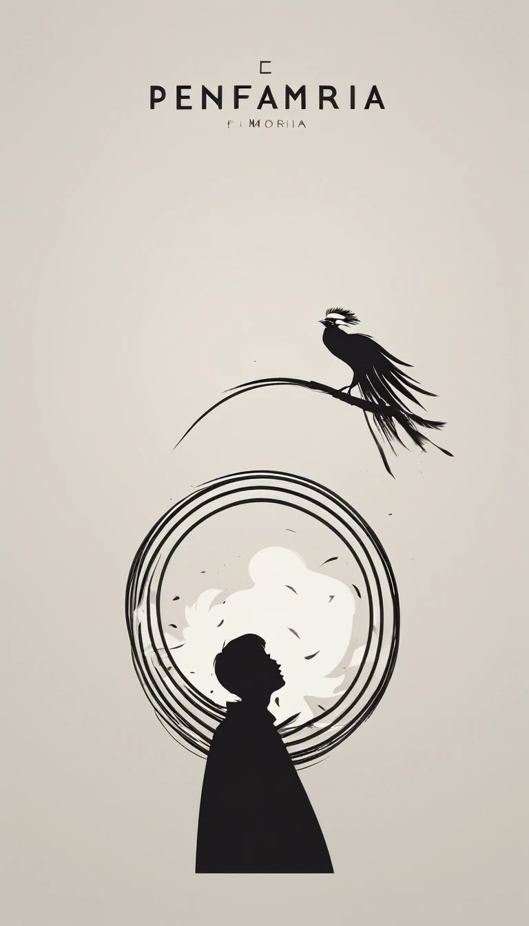 A minimal, modern, simple, cinematic logo design e of a boy with a head full of feathers for the brand “Penamemoria" .