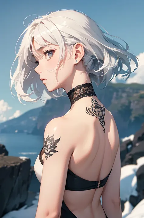 (Image from chest up:1.4)((masterpiece:1.5,Highest quality,Beautiful images、2.5D、Abstract、Artistic、Portraiture))(1girl, 独奏)(medium breasts, white hair、bob hair、Beautiful cleavage、Exposing shoulders、Tattoo on shoulder)(横顔のPortraiture,Gaze sideways、Gaze diag...