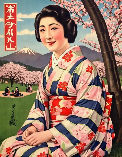 highest quality、masterpiece、retro image of a japanese poster from the 1930s、one young woman、kimono with geometric pattern、sittin...