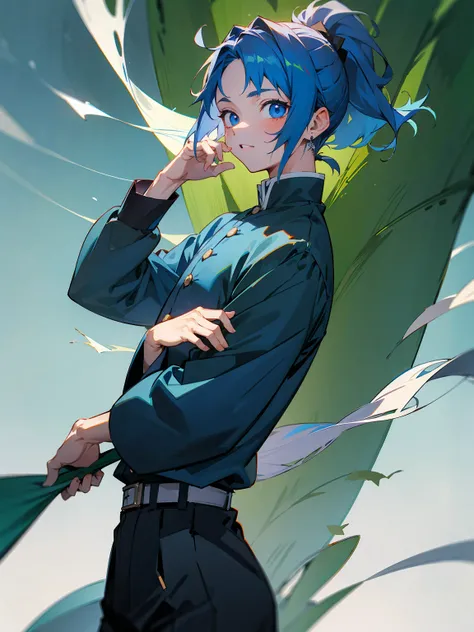 1male, Adult, Deep Blue Hair, Medium Length Hair, White Inner Hair, Ponytail, Short Blue Haori, Green Face Mark, Forest Background, Standing in Forest, Demon Slayer Uniform