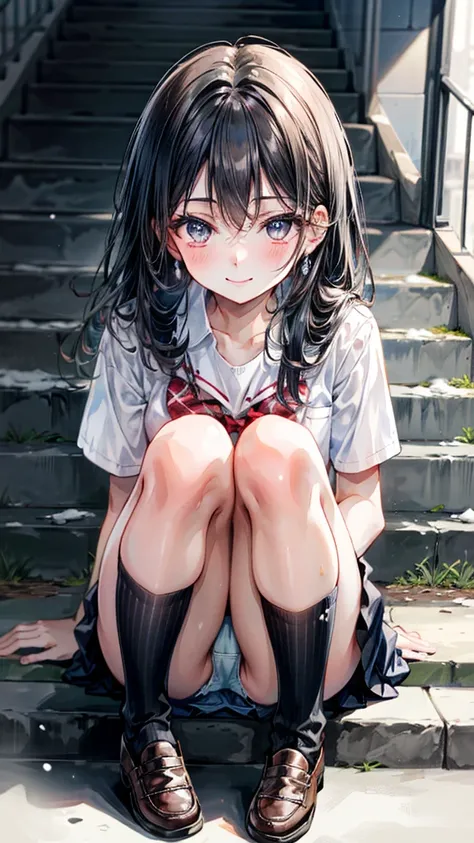 (Best quality, 8k, 32k, Masterpiece, UHD,:1.2),RAW, 1girl,ultra cute , natural lighting,transparent shining eyes, 20yo ,fair complexion, ((school uniform)), sitting on stairs, Closeup shot, wedgie, bending knees, show off panties, From front and Below, shy...