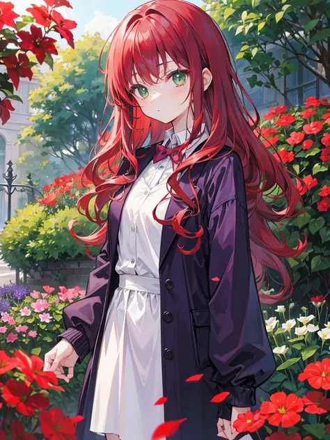 , green eyes, short wavy red hair, bangs. she hair wavy. wear purple black jacket. quiet. background in garden