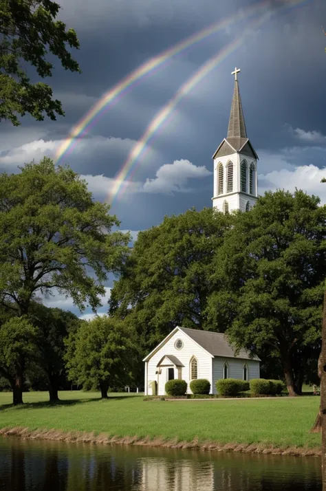 church，river，grass，Tree，rainbow，cross