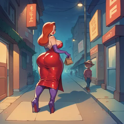 Jessica Rabbit as a prostitute, she has big tits and a big ass, she wears red dress and long boots, street, night