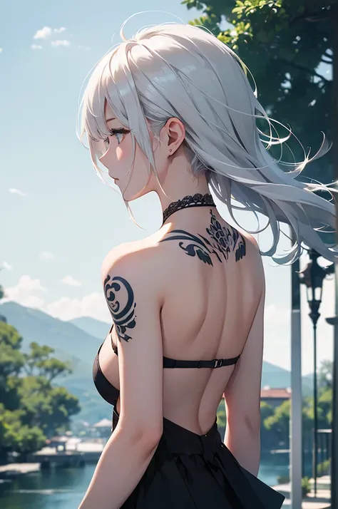 (Image from chest up:1.4)((masterpiece:1.5,Highest quality,Beautiful images、2.5D、Abstract、Artistic、Portraiture))(1girl, 独奏)(medium breasts, white hair、bob hair、Beautiful cleavage、Exposing shoulders、Tattoo on shoulder)(横顔のPortraiture,Gaze sideways、Gaze diag...