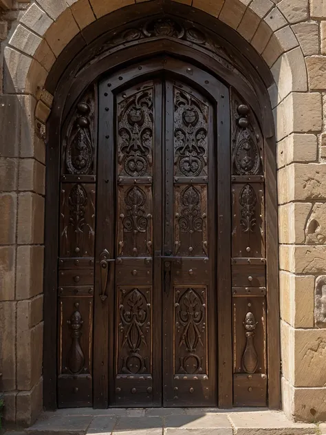 a massive medieval castle square door, highly detailed, intricate carvings, iron studs