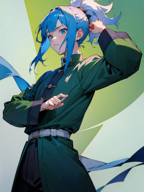 1male, Adult, Deep Blue Hair, Medium Length Hair, White Inner Hair, Ponytail, Short Blue Haori, Green Face Mark, Forest Background, Standing in Forest, Demon Slayer Uniform