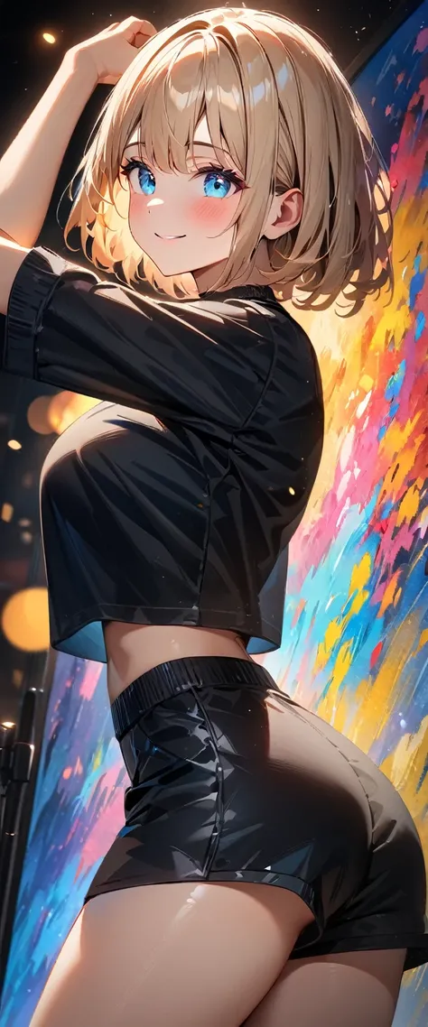 (((One girl))), blond hair, bob cut, big breasts, (cowboy shot), (looking at viewer), ((black shorts)), ((black crop top overhang)), face in focus, teenager, head tilt:1.3, (((blue eye))), ((happy smile)), ((blush)), arched back, arms up, anime style, (bes...