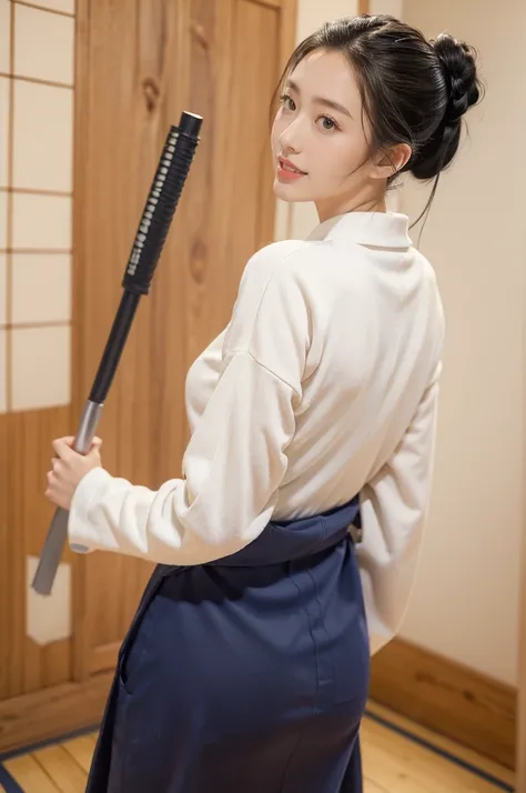 (((best quality))),(((ultra detailed))),(((masterpiece))),illustration,1girl,solo,short ponytail,slim,thin,((towering hips,butt crack)),white collar,white kendogi,three-quarter sleeves,maxi navy-blue kendo hakama,standing in kendo gym,(holding a bokuto:1.3...