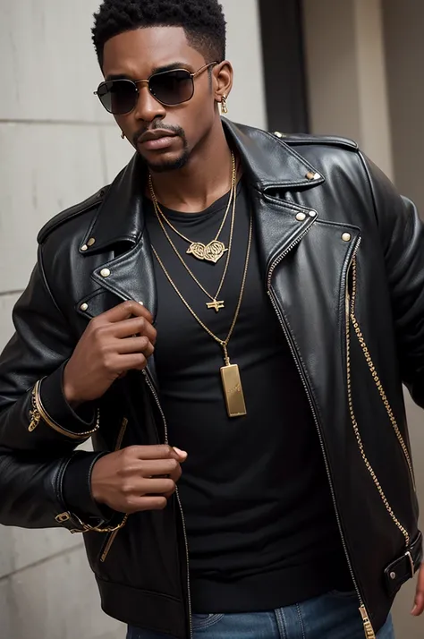 Black man wearing black leather jacket, gold necklace with pendant, black sunglasses