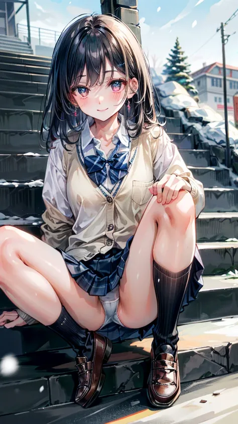 (Best quality, 8k, 32k, Masterpiece, UHD,:1.2),RAW, 1girl,ultra cute , natural lighting,transparent shining eyes, 20yo ,fair complexion, ((school uniform)), sitting on stairs, Closeup shot, wedgie, bending knees, show off panties, From front and Below, shy...