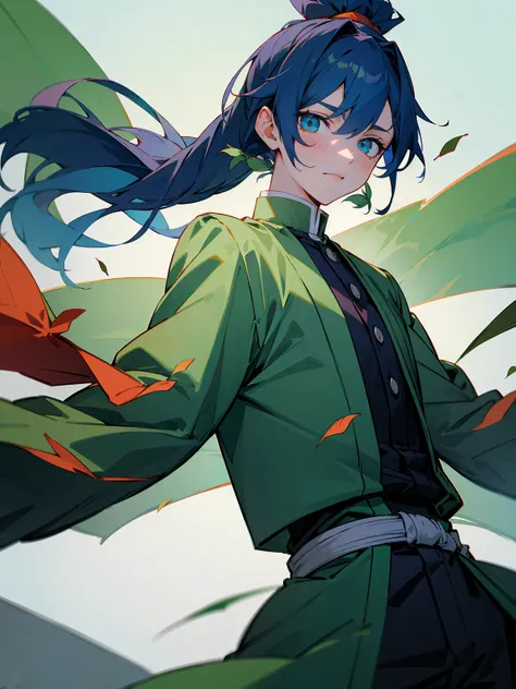 1male, Adult, Deep Blue Hair, Medium Length Hair, White Inner Hair, Ponytail, Haori With Leaves On It, Green Face Mark, Forest Background, Standing in Forest, Demon Slayer Uniform