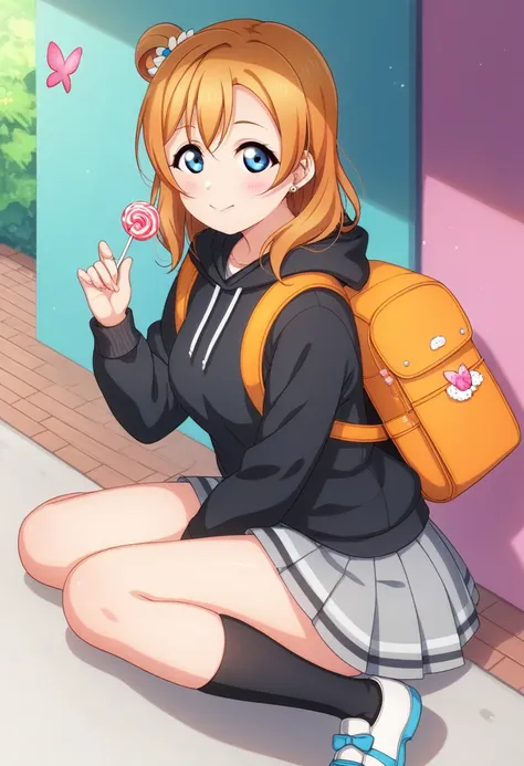 honoka kousaka love live, blue eyes, orange hair,hair flower, perfect eyes, perfect iris，perfect skin，soft front light,low twint...