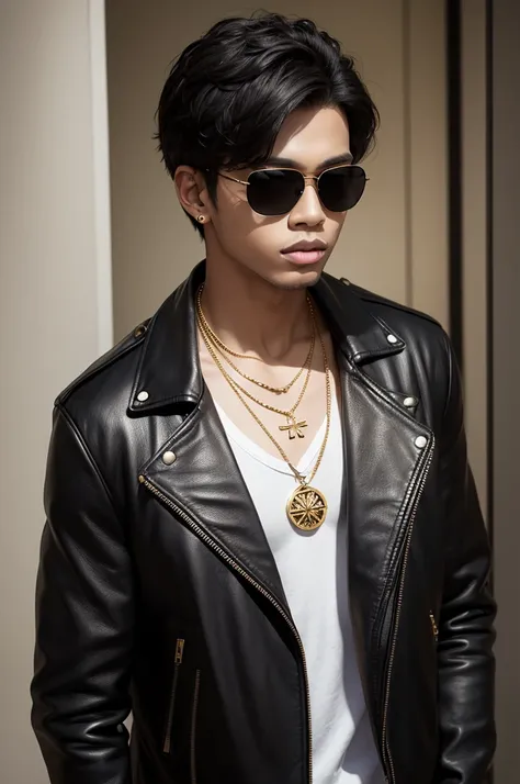 Black boy wearing black leather jacket, gold necklace with pendant, black sunglasses, 真实感 