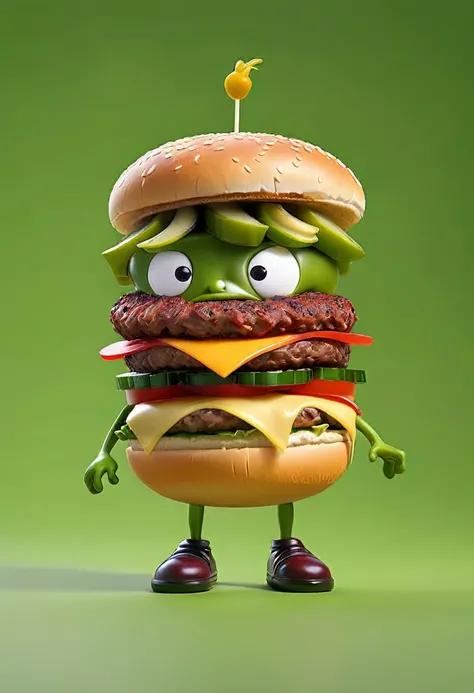 Cartoon little burger standing on green screen , non lettuce, but replaced with pickles