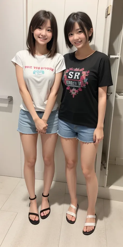 Full body standing with legs together in a changing room、cute、18-year-old、Japanese、Cute clothes、Plain white tight fitting T-shirt、(Shortcuts:1.3)、flip flops、Big Breasts、Plump