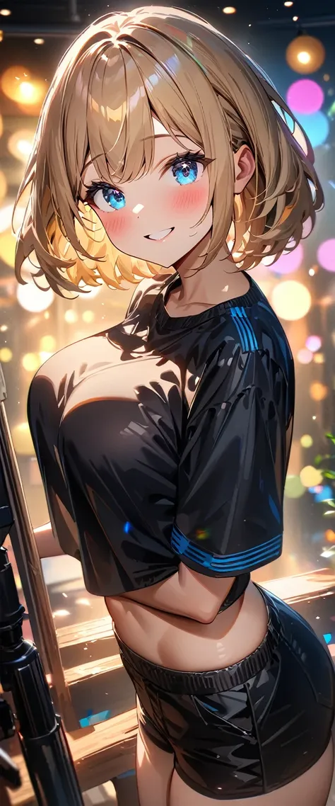 (((One girl))), blond hair, bob cut, big breasts, (cowboy shot), (looking at viewer), ((black shorts)), ((black crop top overhang)), face in focus, teenager, head tilt:1.3, (((blue eye))), ((happy smile)), ((blush)), arched back, arms up, anime style, (bes...