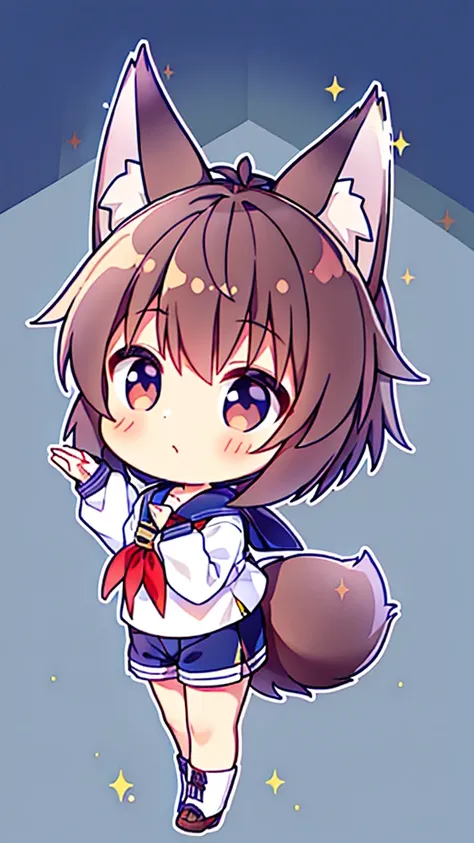 Game CG，((younge boy))，Handsome，Wolf ears，Wolf tail，Navy，(a sailor suit)，White uniform shorts，Brown Martin booties，Lively，Full body like，Wave totem